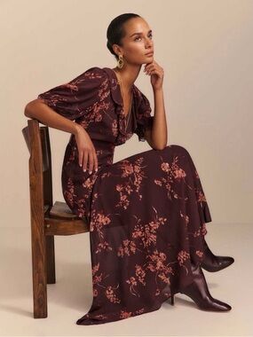 Reformation Evra Lace Trim Long Dress in Lydia Burgundy Floral Print